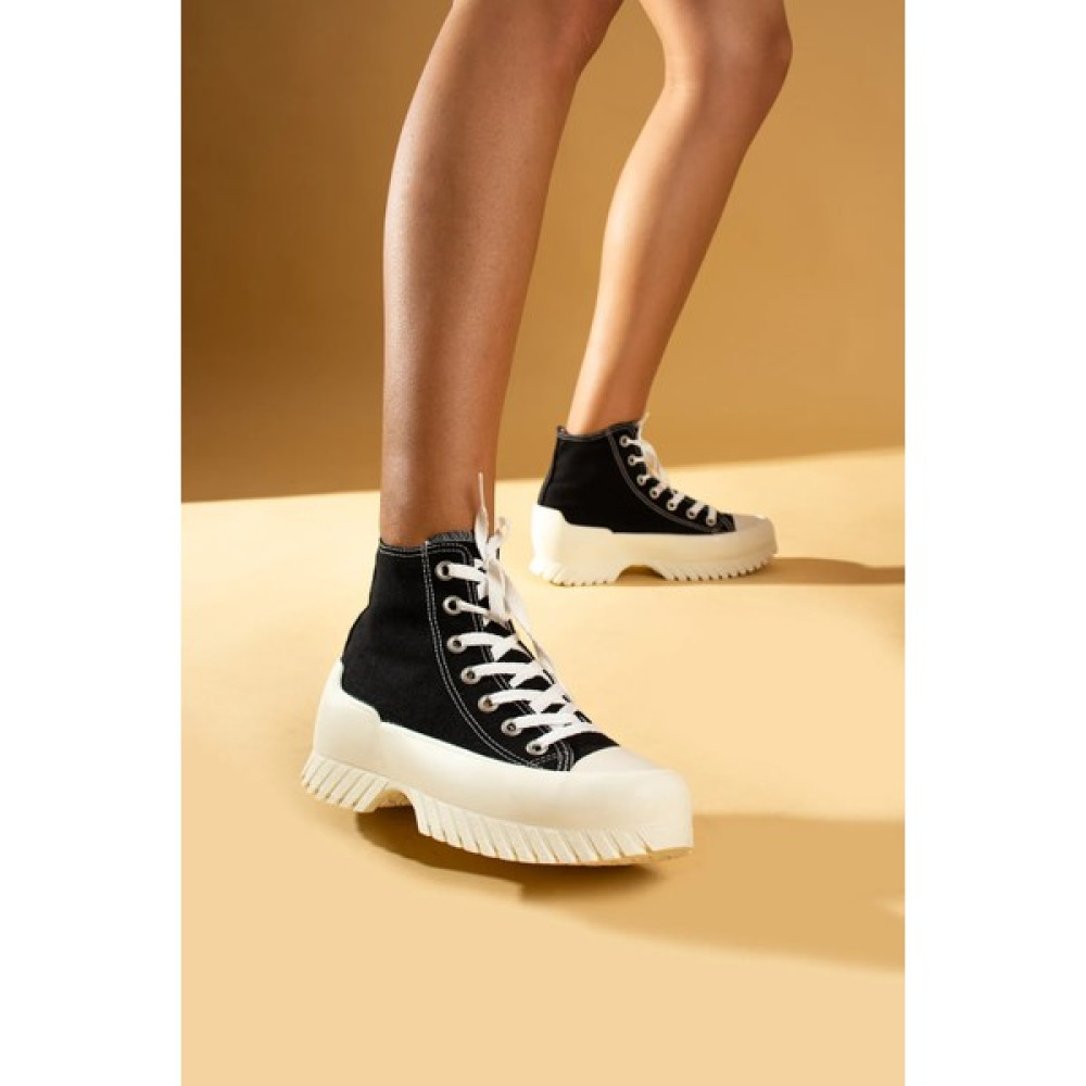 ripuvainen Kadın Siyah Rahat Kalıp Keten Bilekli Günlük Spor Kalın Tabanlı -5cm- Bağcıklı Sneaker Ayakkabı Spor Ayakkabı Fiyatı