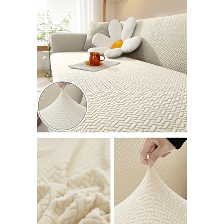 riselerhome 3 Kişilik Lastikli Koltuk Örtüsü Yıkanabilir Jakar Çizgili Desen ile Şık Görünüm - 180 x 230 cm - Bej Diğer Fiyatı