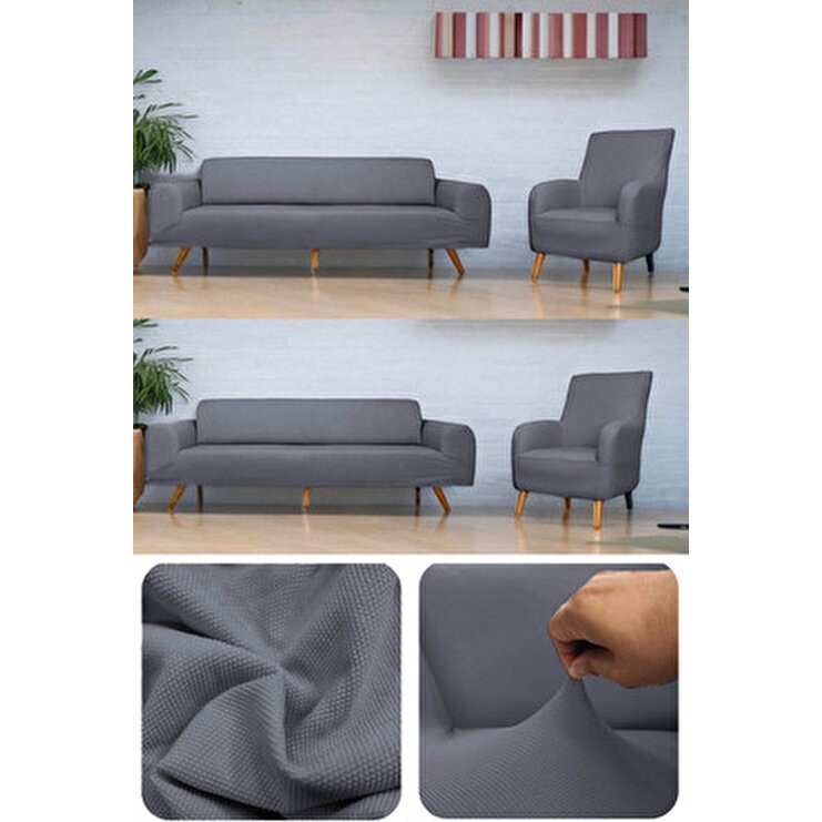 riselerhome Lastıklı Esnek Koltuk Kanepe Takımı Çekyat Örtüsü Polyester Çizgili 3 3 1 1 Takım - 180 x 240 cm - Gri Koltuk Fiyatı