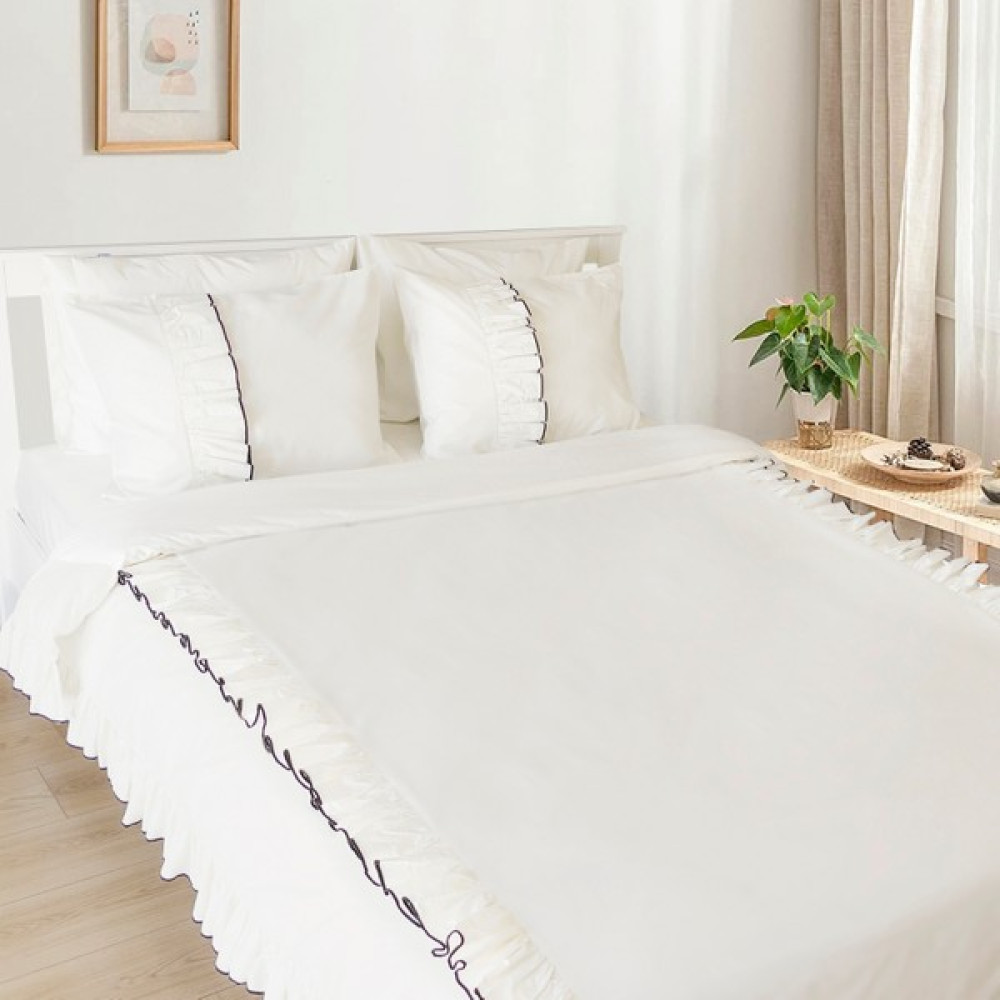 Ritmo Home Kırık Beyaz Siyah Detaylı Fırfırlı Pamuklu Vintage Otel Serisi Düz Çift Kişilik Nevresim Takımı - 200 x 220 cm Nevresim Takımı Fiyatı