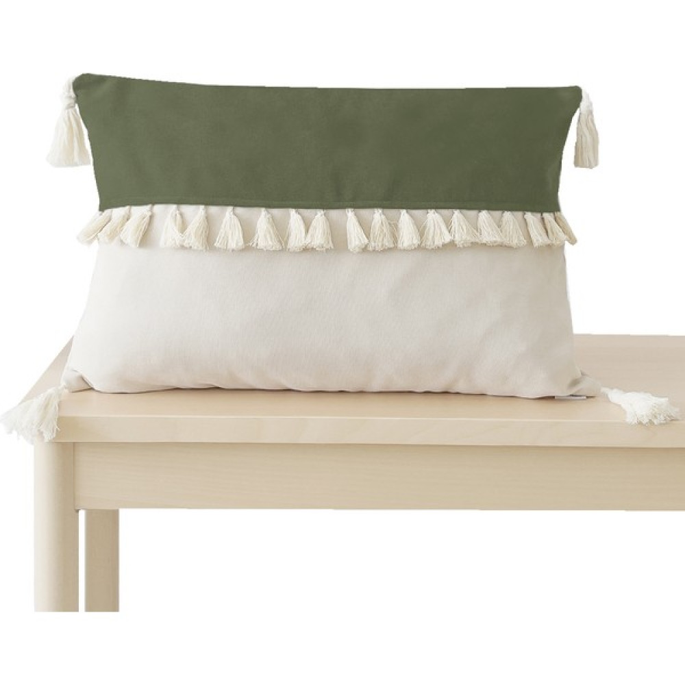 Ritmo Home Püsküllü Saçaklı İskandinav Kırlent Kılıfı Yeşil Krem - 35 x 50 cm - Krem - Yeşil Kırlent / Mobilya Yastığı Fiyatı