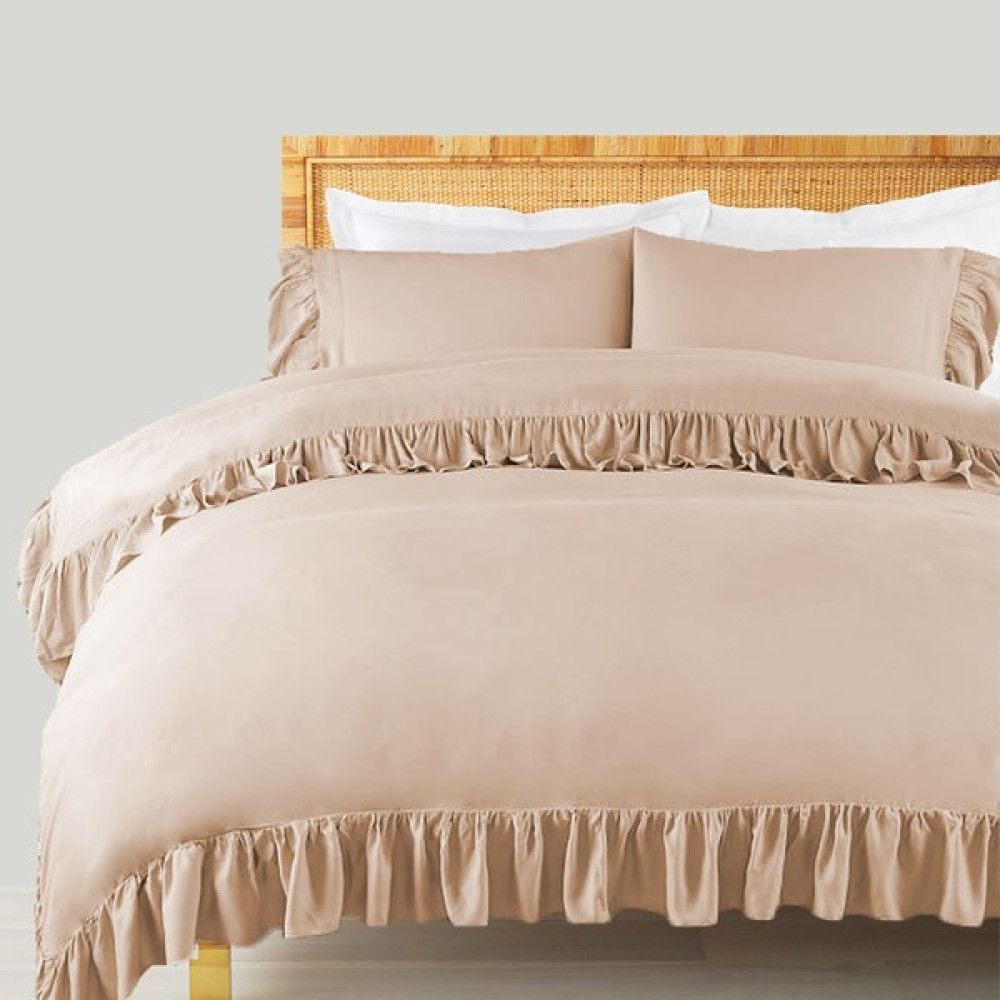 Ritmo Home Toprak Rengi Farbalalı - Fırfırlı Pamuklu Vintage Otel Serisi Çift Kişilik Nevresim Takımı - 200 x 220  cm - Bej Nevresim Takımı Fiyatı