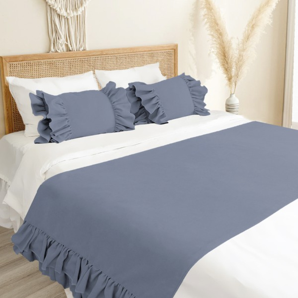 Ritmo Home Yatak Runner & Iç Dolgulu Kırlent Seti Çift Kişilik Fırfırlı Açık Indigo - İndigo - 70 x 240 cm Yatak Örtüsü Fiyatı