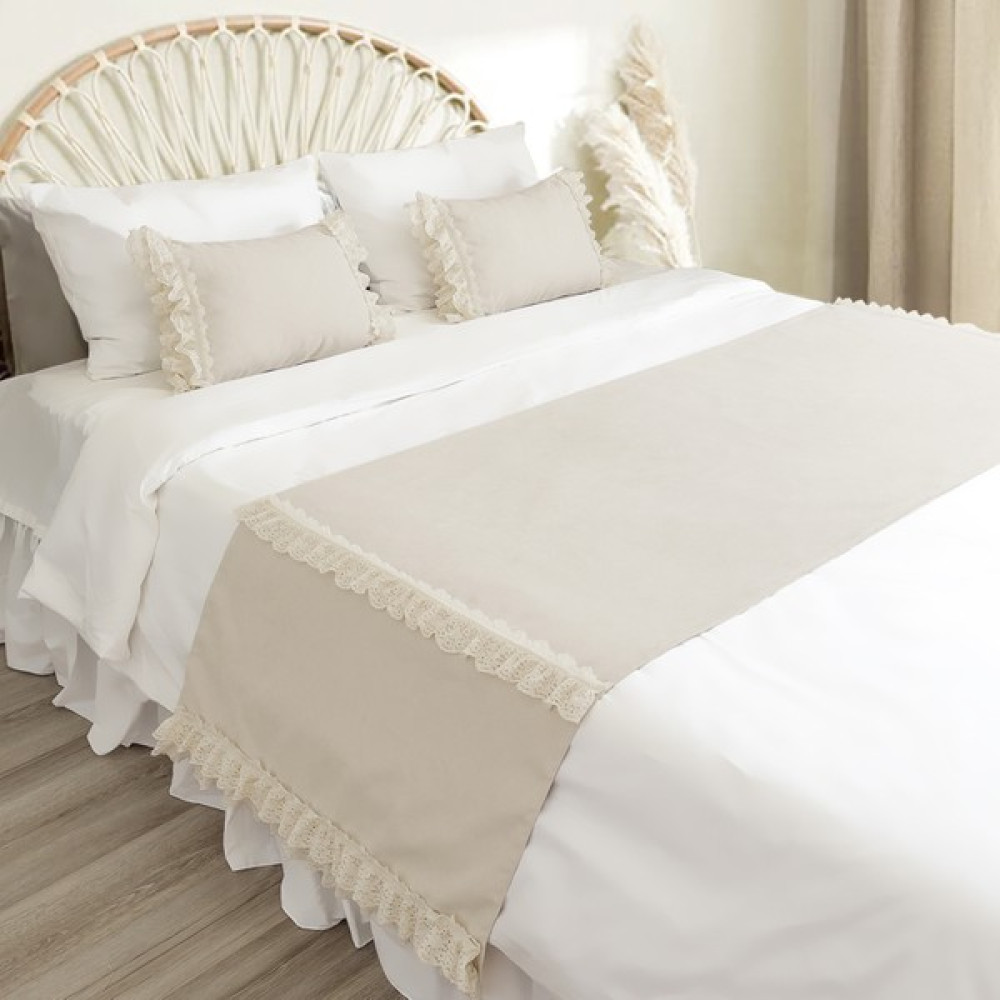 Ritmo Home Yatak Runner & Iç Dolgulu Kırlent Seti Çift Kişilik Fırfırlı Vintage Krem - 70 x 240 cm Yatak Örtüsü Fiyatı