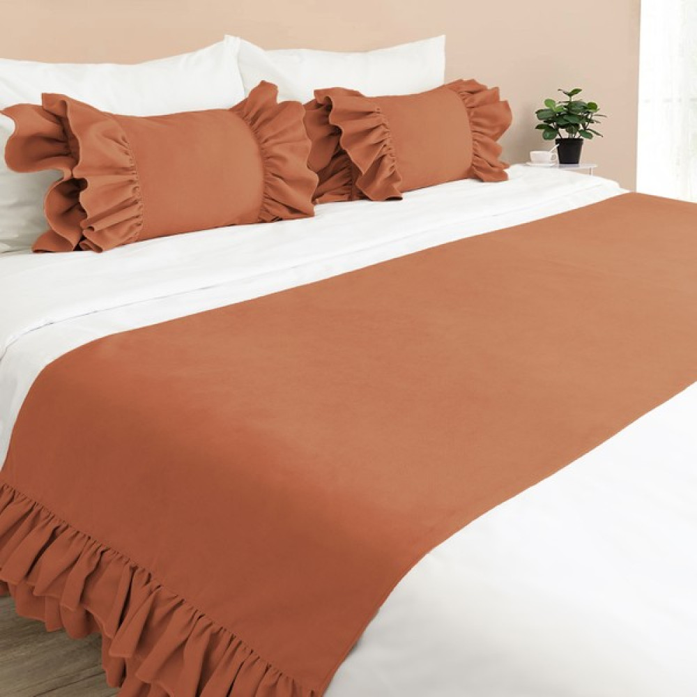 Ritmo Home Yatak Runner & İç Dolgulu Kırlent Seti Fırfırlı - Tarçın - 70 x 240 cm Yatak Örtüsü Fiyatı
