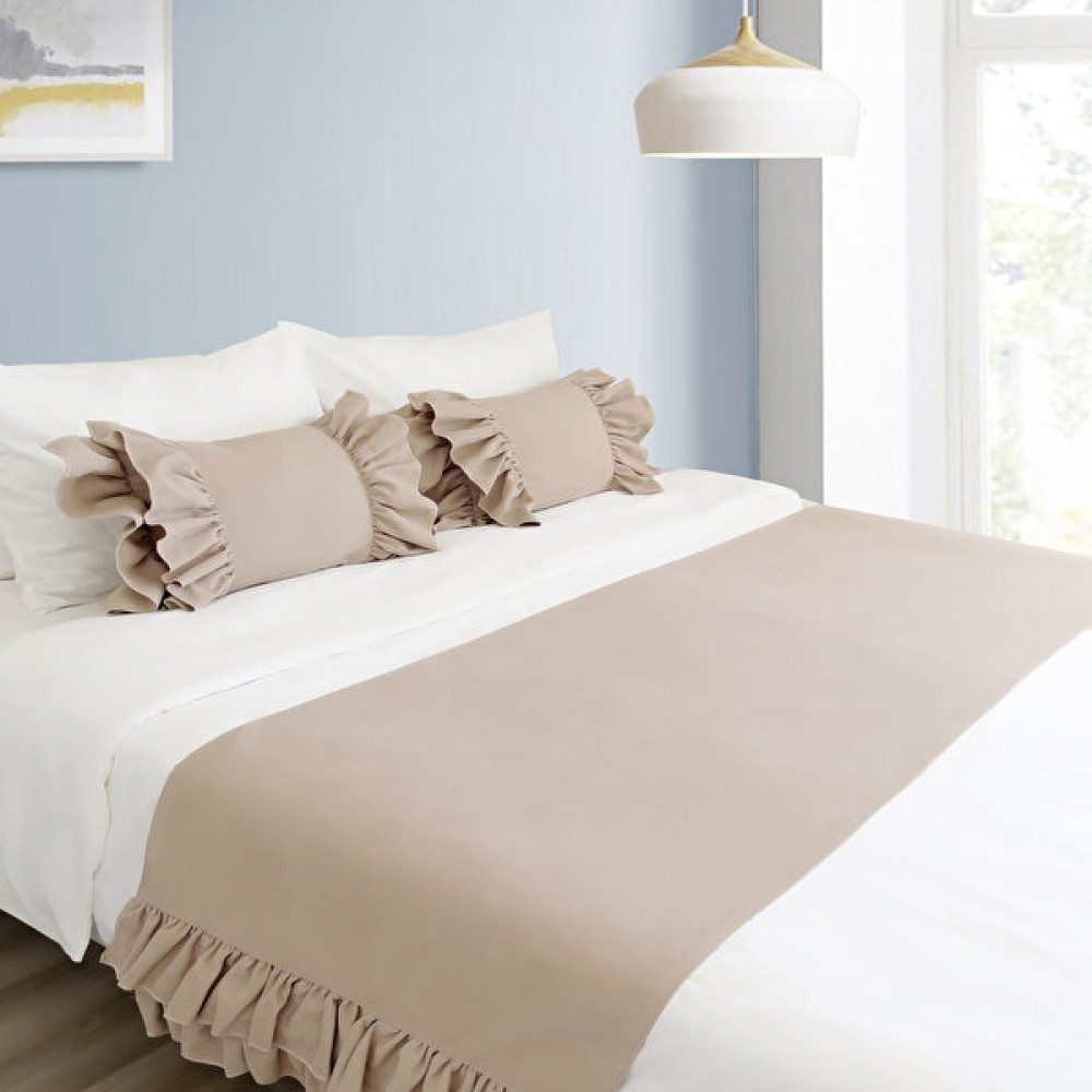 Ritmo Home Yatak Runner & İç Dolgulu Kırlent Seti Fırfırlı - Vizon - 70 x 240 cm Yatak Örtüsü Fiyatı