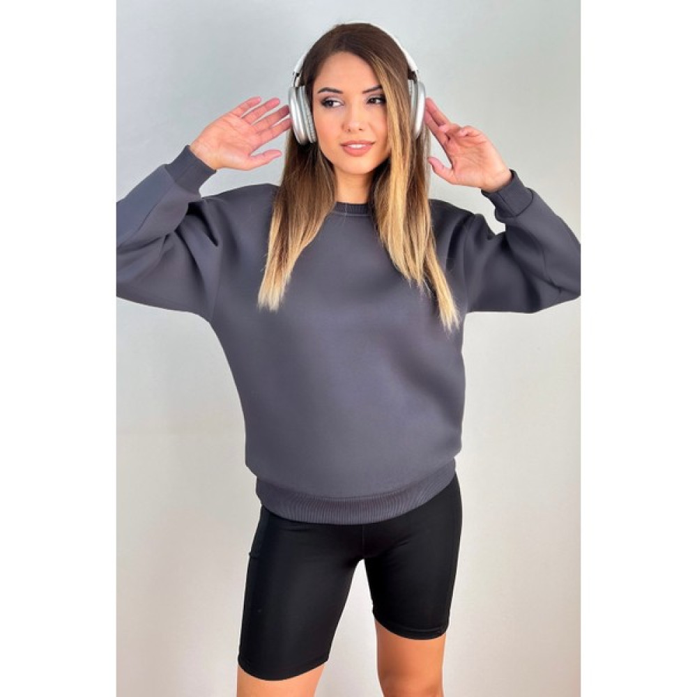 Ritnice Kadın Cozy Içi Polarlı Füme Basic Bisiklet Yaka Pamuklu Kalın Örme Sweatshirt Bayan Sweatshirt Fiyatı
