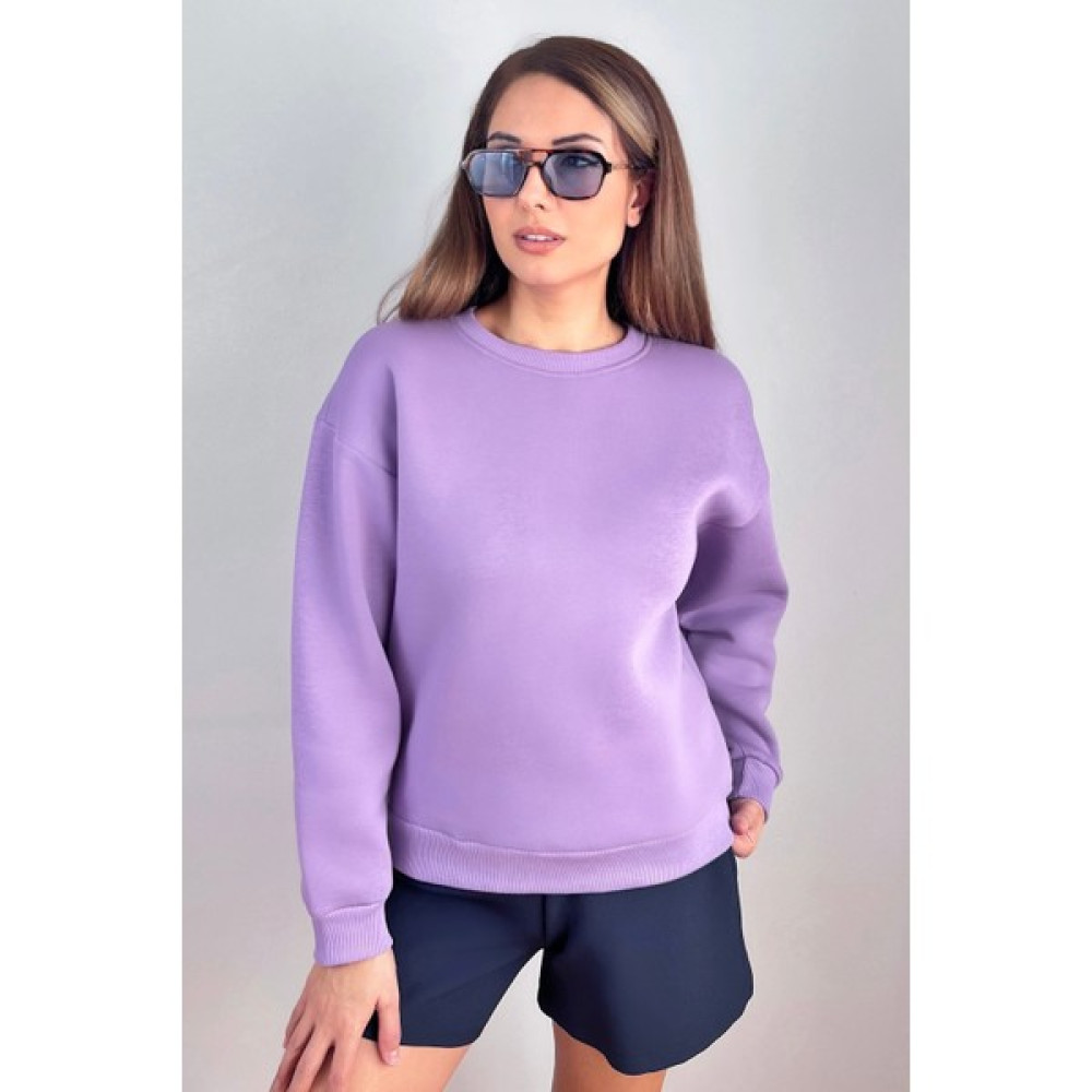Ritnice Kadın Cozy Içi Polarlı Mor Basic Bisiklet Yaka Pamuklu Kalın Örme Sweatshirt Bayan Sweatshirt Fiyatı