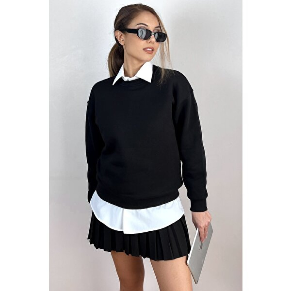 Ritnice Kadın Cozy Içi Polarlı Siyah Basic Bisiklet Yaka Pamuklu Kalın Örme Sweatshirt Bayan Sweatshirt Fiyatı