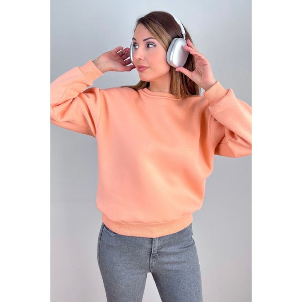 Ritnice Kadın Cozy Içi Polarlı Somon Basic Bisiklet Yaka Pamuklu Kalın Örme Sweatshirt Bayan Sweatshirt Fiyatı