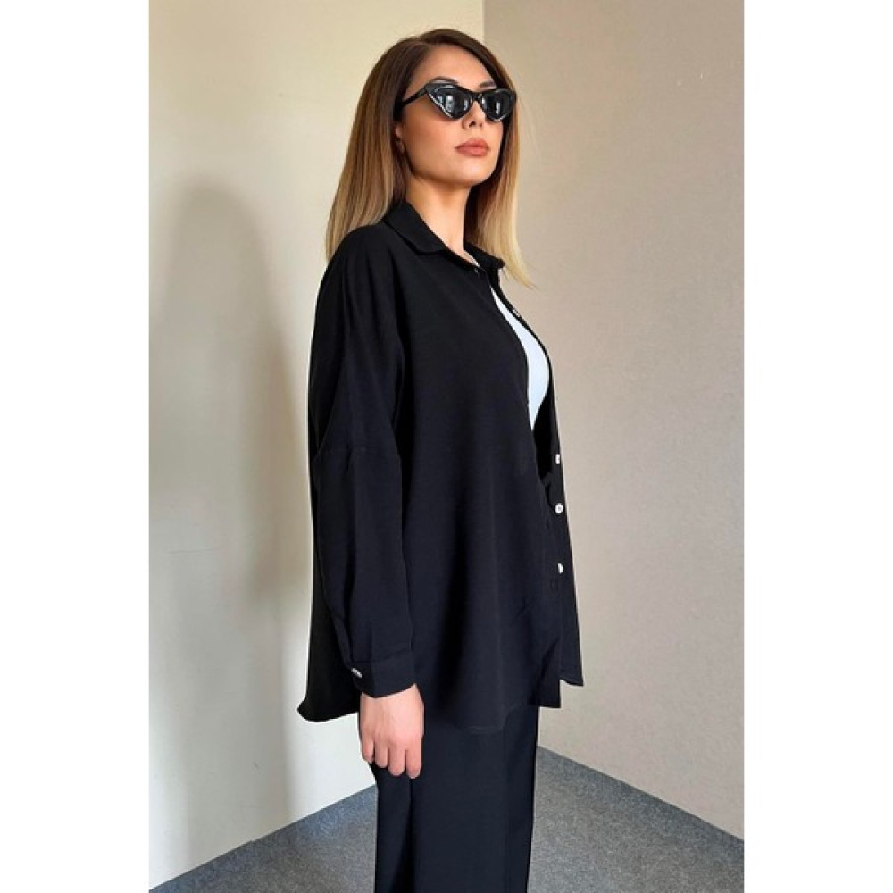 Ritnice Kadın Keten Dokulu Carla Siyah Oversize Gömlek Kadın Gömlek Fiyatı