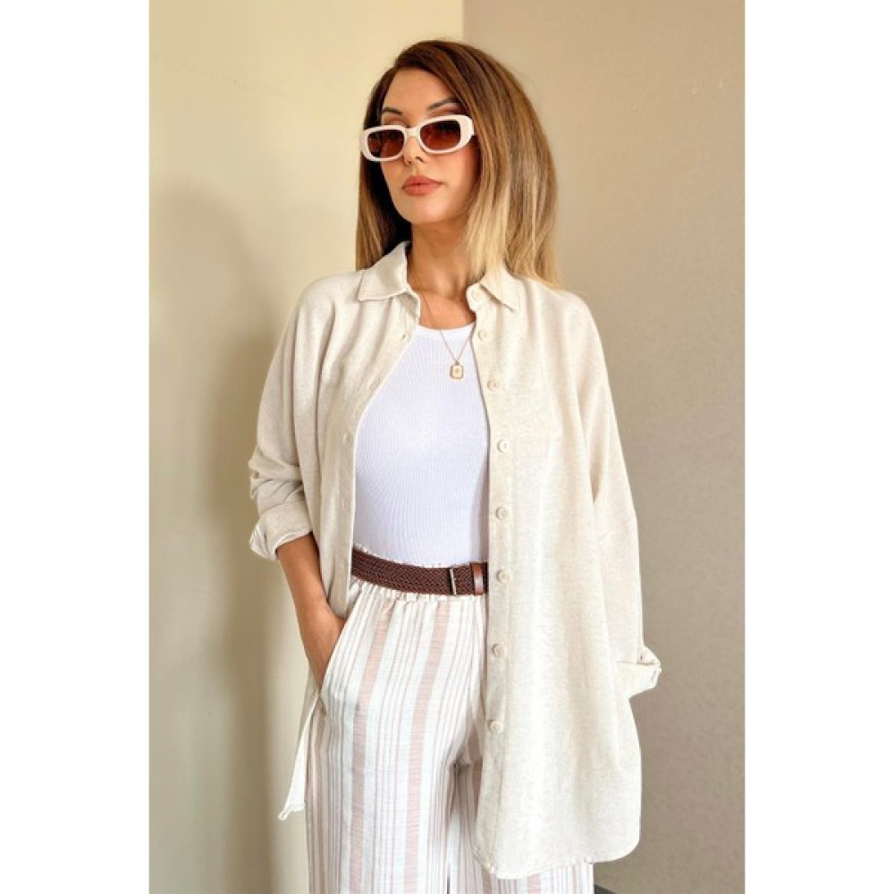 Ritnice Kadın Keten Dokulu Carla Taş Oversize Gömlek Kadın Gömlek Fiyatı