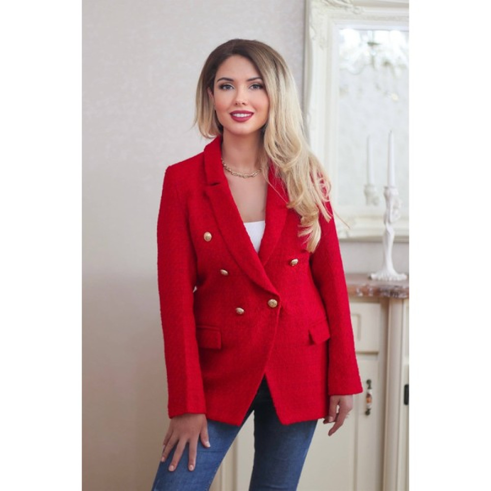 Ritnice Kadın Kırmızı Tüvit Dokulu Gold Düğmeli Asimetrik Kesim Astarlı Blazer Ceket Bayan Ceket Fiyatı