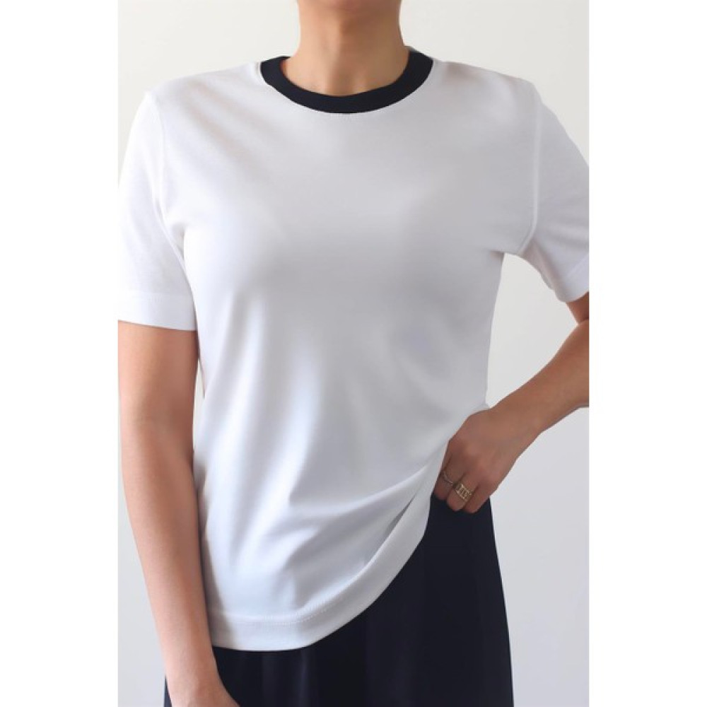 Ritnice Kadın Tok Doku Yaka Fitilli Ekru Siyah Çift Renk T-Shirt Bayan T-shirt Fiyatı