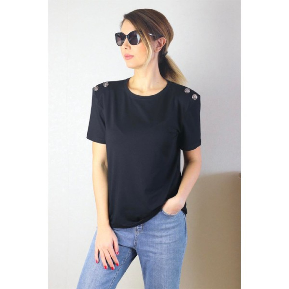 Ritnice Kadın Vatkalı Omuz Düğme Detaylı Siyah T-Shirt Bayan T-shirt Fiyatı