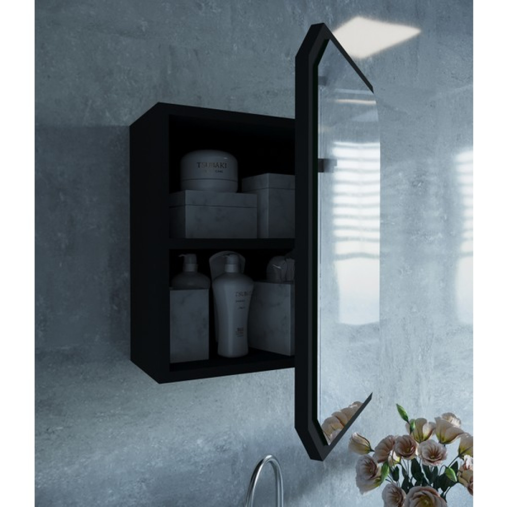 Rivomo Siyah Sekizgen Dekoratif Banyo Dolabı Aynalı Üst Modülü - Yok Banyo Dolabı / Mobilyası Fiyatı
