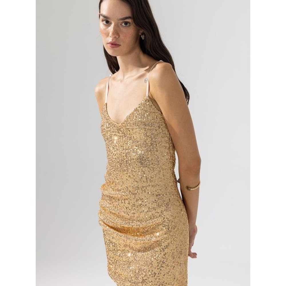 Rivus Drape Detaylı Askılı Pullu Mini Elbise - Gold Elbise Fiyatı