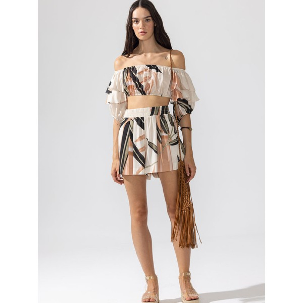 Rivus Fırfırlı Lastikli Crop Top - Bej Desenli Bluz Fiyatı