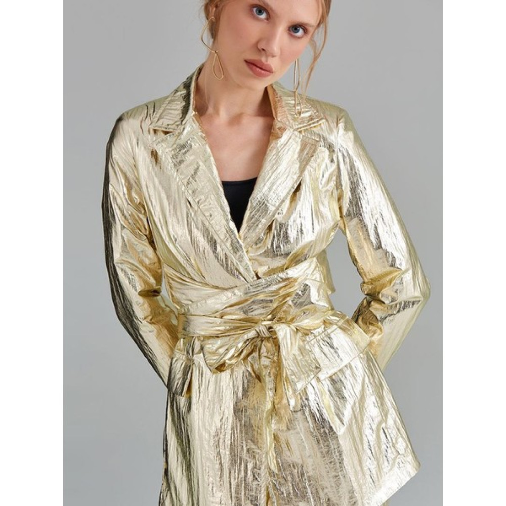 Rivus Glitter Paraşüt Kumaş Bağlamalı Vatkalı Blazer Ceket - Gold Bayan Ceket Fiyatı