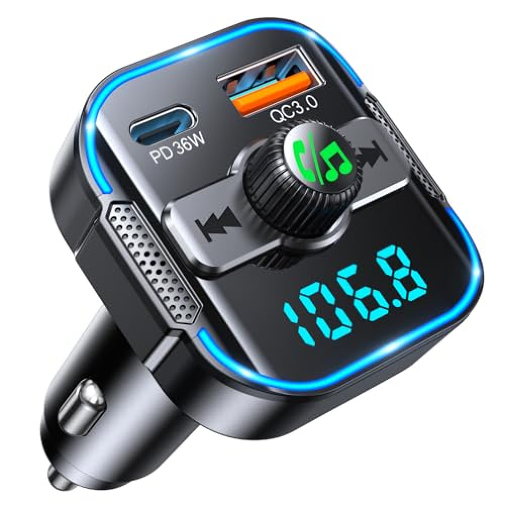 RIWUSI 2025 Upgrade Bluetooth 5.3 Car Adapter【PD 36W+QC3.0 18W】, 2-in-1 FM Transmitter 【Dual Stronger Mics】& Fast Car Charger, Wireless Car Radio Adapter Hands-Free Car Kit, Siri Assistant Player