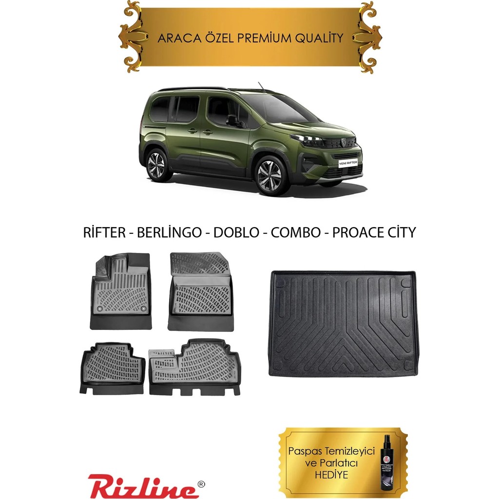 Rizline Rifter - Doblo - Berlingo - Combo - Proace City Kauçuk Havuzlu Paspas ve Bagaj Havuzu Set (Hediyeli) - Siyah Araca Özel Paspaslar Fiyatı