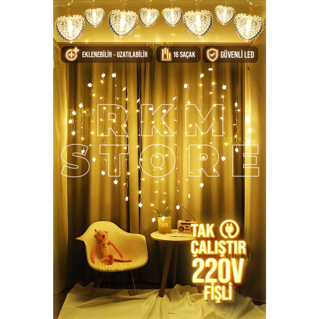 Rkm Store Kalp Şeklinde Gün Işığı Perde LED 2 x 1,5 Ebatında Dekoratif LED Perde Fiyatı