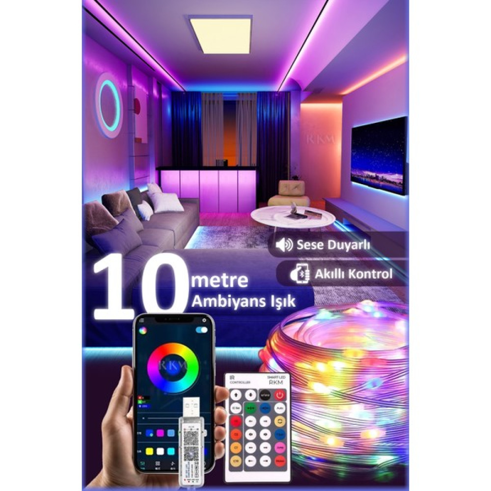 Rkm Store Sese Duyarlı 10 Metre Yeni Nesil Rgb Smart LED Usb'li Kumandalı Bluetooth Ile Telefon Bağlantılı - 10 m Led Aydınlatmalar Fiyatı