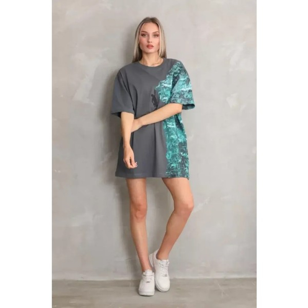 RKM Ticaret  Bisiklet Yaka Baskılı Oversize T-Shirt - Gri Oto Boyaları Fiyatı