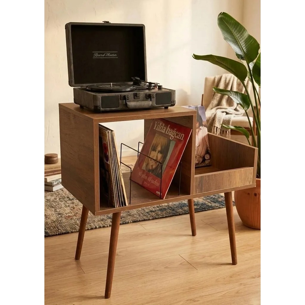Rmd Shop Sera Plak ve Pikap Sehpası 78x44x80 cm | Ahşap Plaklık Organizer, Gramofon Standı, Çift Bölmeli Plak Düzenleyici - Ceviz Diğer Fiyatı