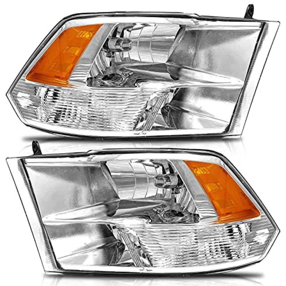 ROADEAL for 2009-2018 Dodge Ram 1500 2010 2011 2012 2013 2014 2015 2016 2017 2018 Dodge Ram 2500/3500 Pickup Headlight Assembly Clear Lens Chrome Housing & Amber Reflector Headlamp Replacement L+R