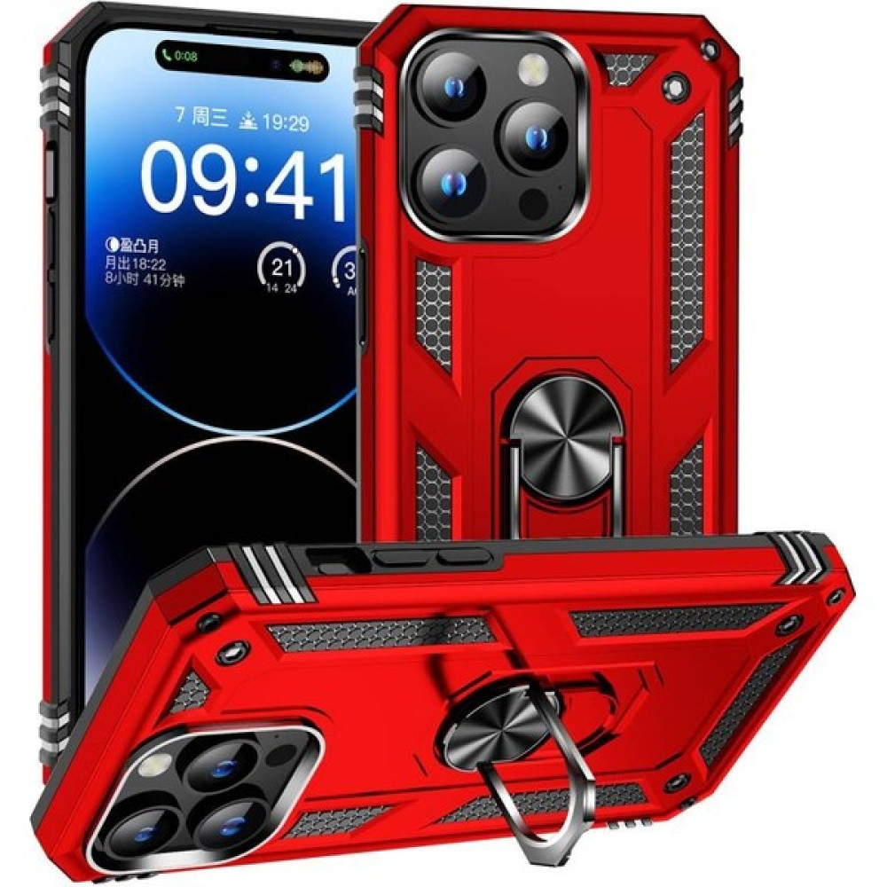 Roaks Aksesuar Apple iPhone 15 Pro Max Tank Zırh Yüksek Korumalı Kılıf Yüzüklü Mıknatıslı Standlı Kapak 2in1 + Nano Koruyucu - Kırmızı Cep Telefonu Kılıfı Fiyatı