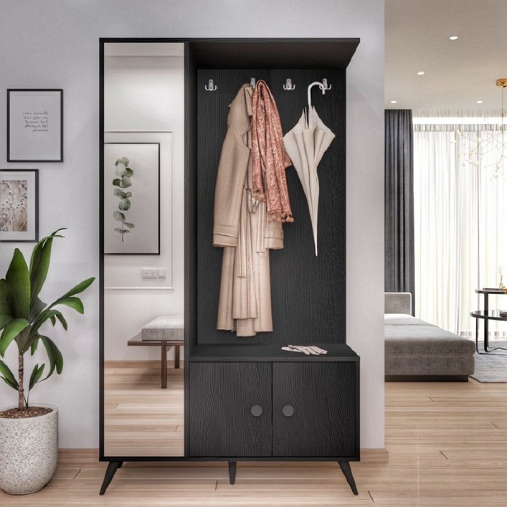Robin Home Arya Aynalı Vestiyer Portmanto Ayakkabılık Ahşap Ayak AR65 - Siyah Portmanto Fiyatı