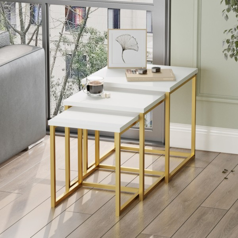 Robin Home Atlantis 3'lü Gold Metal Zigon Sehpa Beyaz Zigon Sehpa Fiyatı