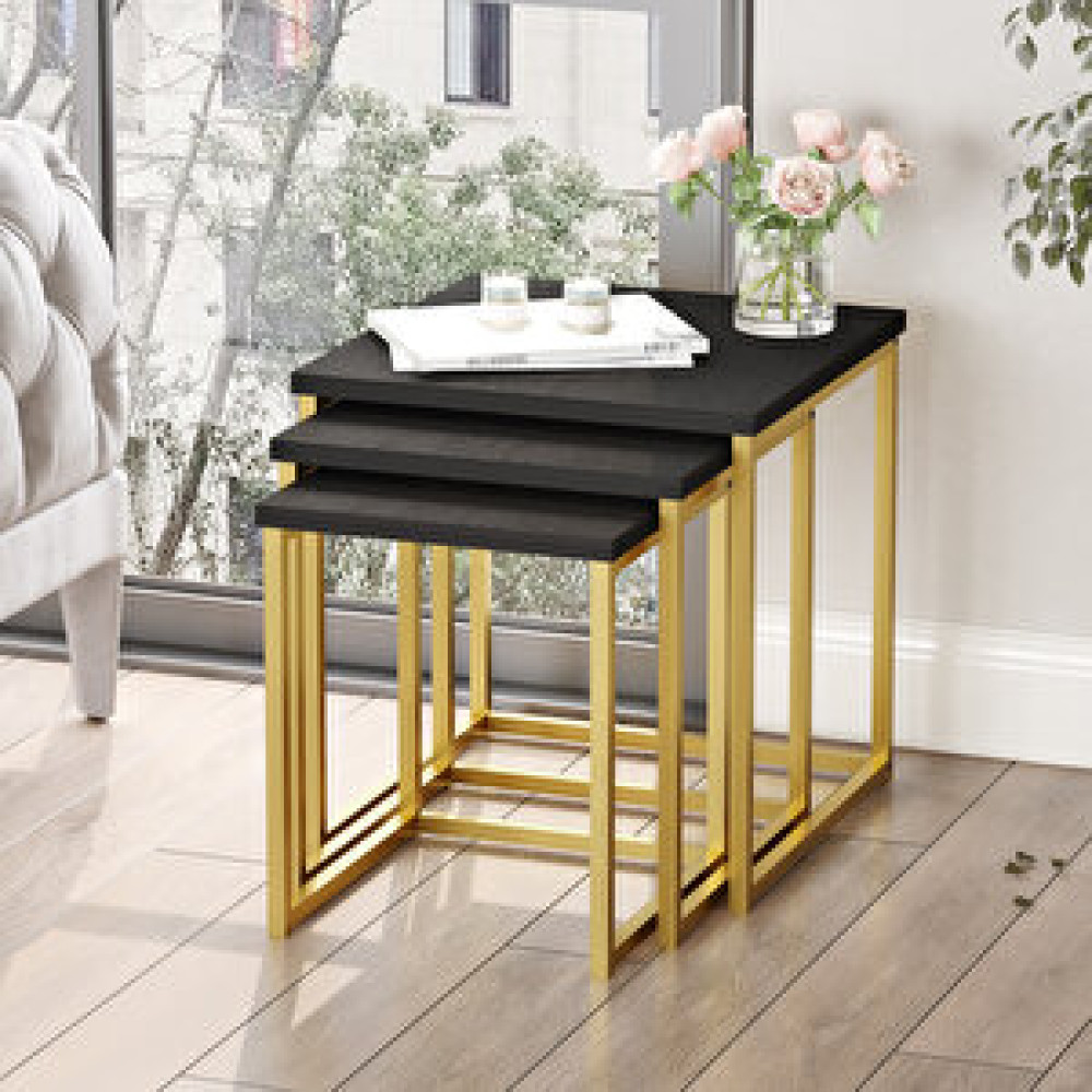 Robin Home Atlantis 3'lü Gold Metal Zigon Sehpa Siyah Zigon Sehpa Fiyatı