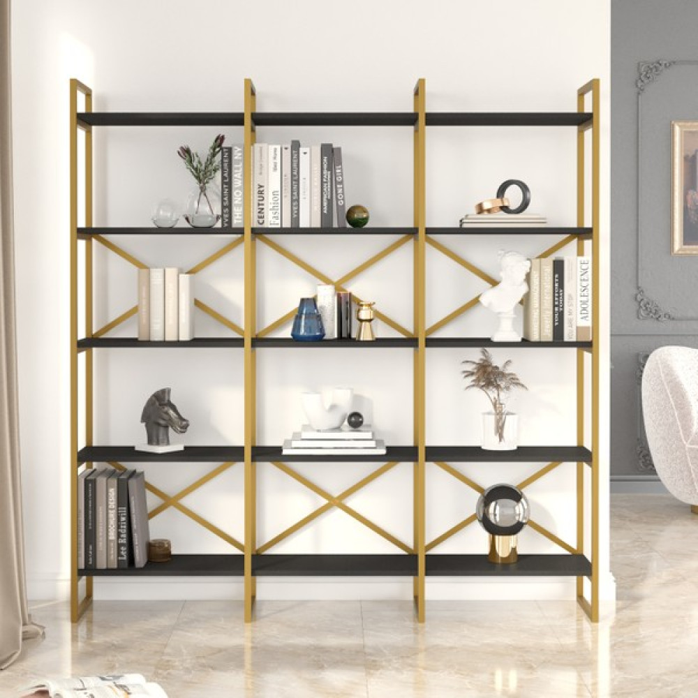 Robin Home Atlantis Gold Metal Kitaplık 5 Raflı Geniş 3 Bölme 175 cm Siyah Kitaplık Fiyatı