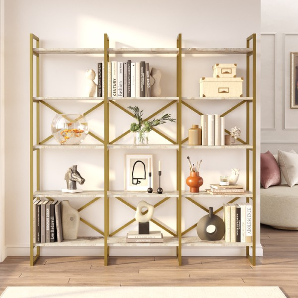 Robin Home Atlantis Gold Metal Kitaplık 5 Raflı Geniş 3 Bölme 175CM Mermer Desen - Beyaz Kitaplık Fiyatı