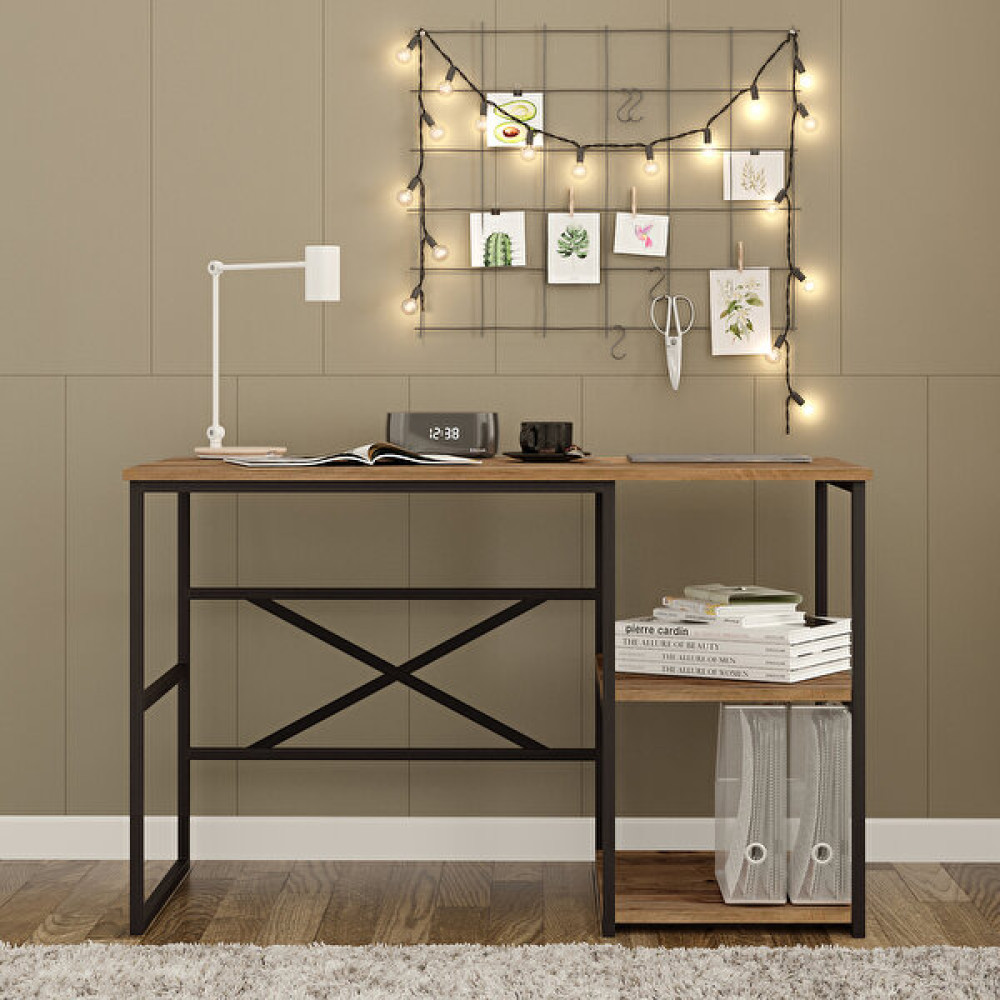 Robin Home Atlantis Ofis Çalışma Masası Bilgisayar Masası Laptop Masası Raflı Metal 120CM AS22-A Çam - Y: 75 cm D: 60 cm G: 120 cm - Ceviz Çalışma Masası Fiyatı