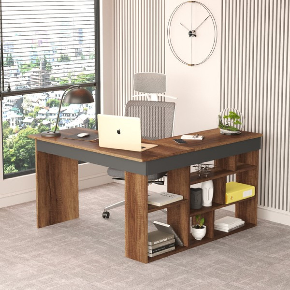 Robin Home Boston Kitaplık Raflı Çalışma Masası L Masa Ofis Çalışma Masası Barok-Antrasit - 50 x 72 cm - Kahverengi Çalışma Masası Fiyatı