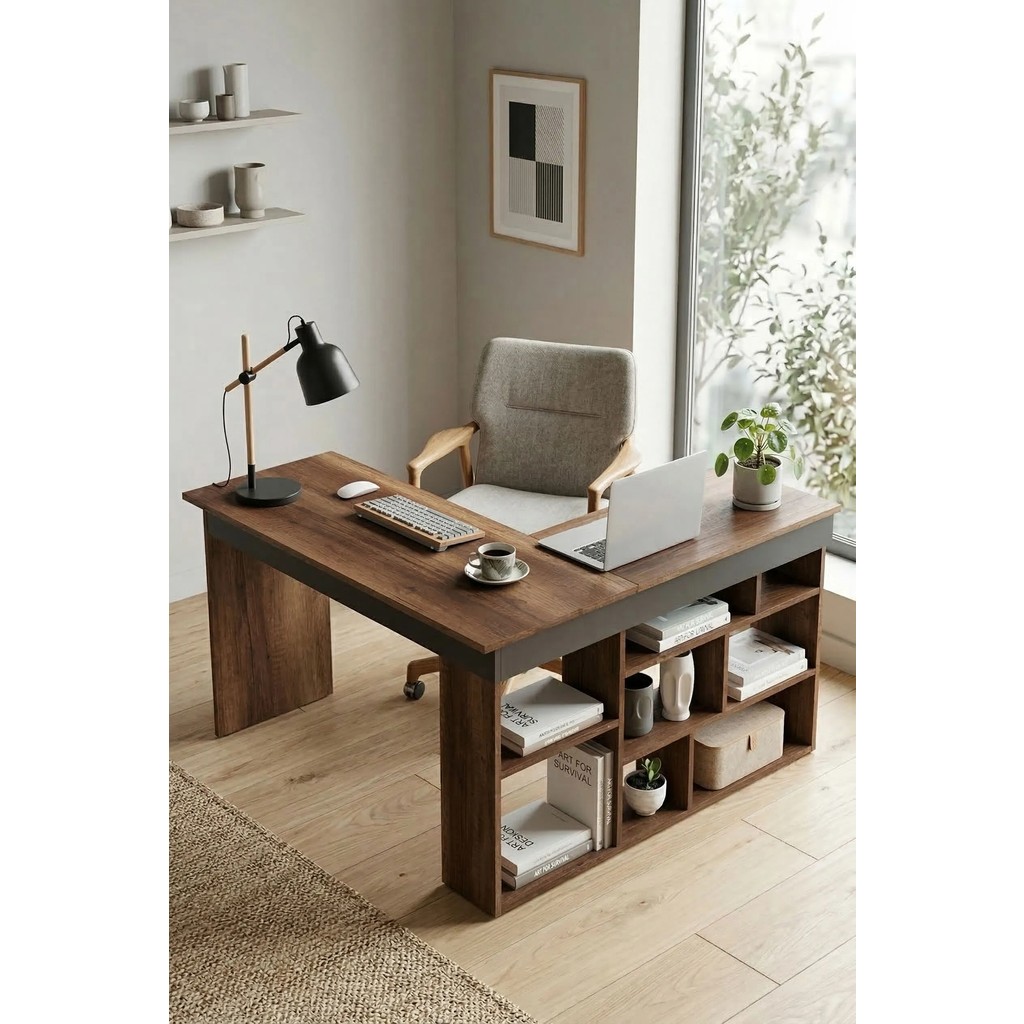 Robin Home Boston Kitaplık Raflı Çalışma Masası Ofis Masası L Masa Barok-Antrasit - 120 x 50 cm - Ceviz Kitaplık Fiyatı