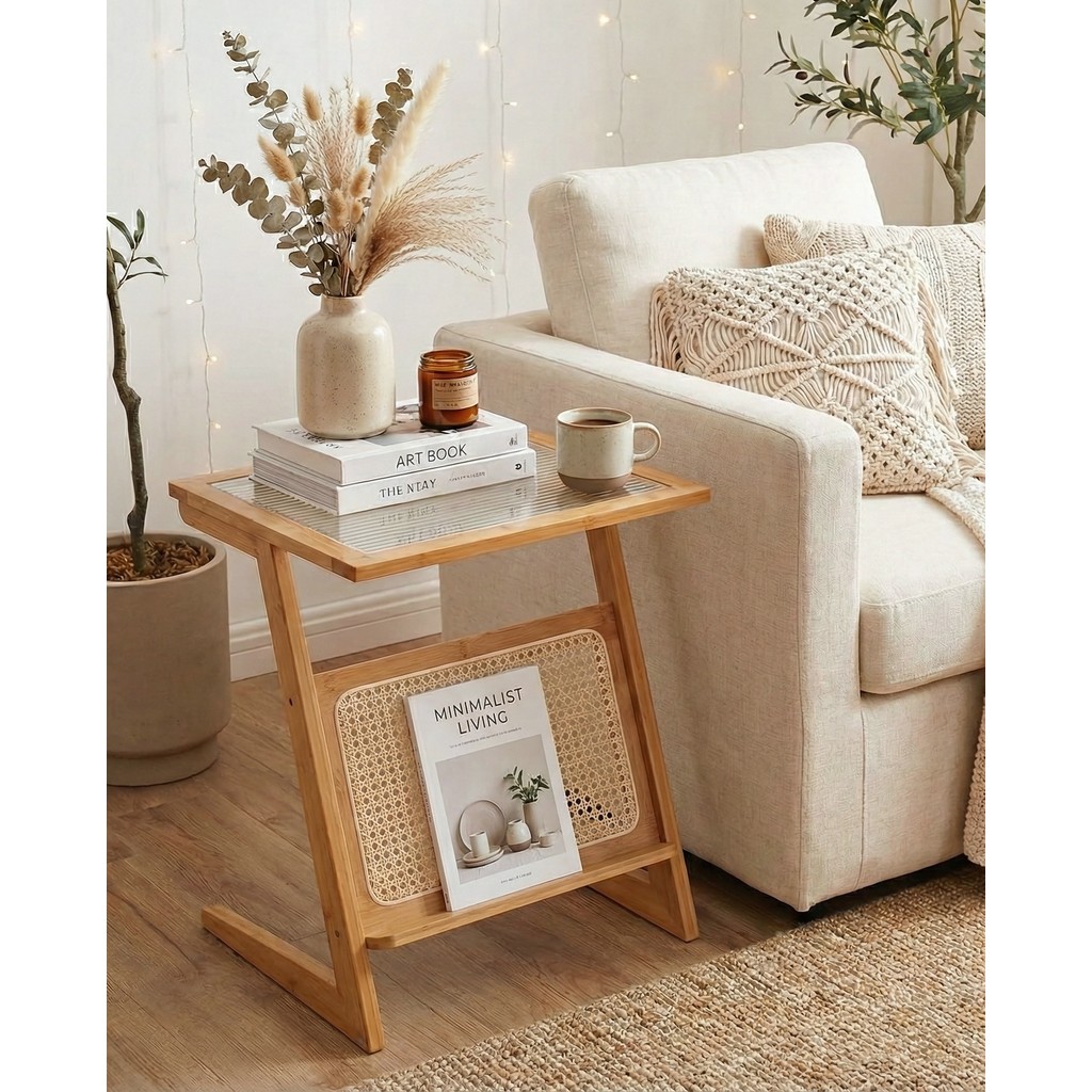 Robin Home Doğal Bambu Hazeranlı Rattan Yan Sehpa Gazetelik Kitaplık Dergilik Yan Sehpa Fiyatı