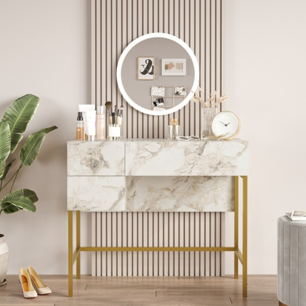 Robin Home Karin Gold Metal Makyaj Masası Aynalı 3 Çekmeceli Mermer Desen - Beyaz - Gold Dresuar / Makyaj Masası Fiyatı