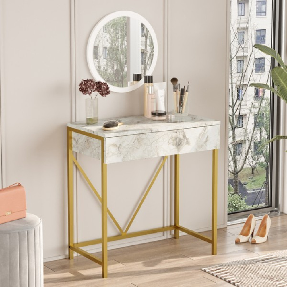 Robin Home Karin Gold Metal Makyaj Masası Aynalı Çekmeceli Mermer Desen - Gold - Krem Dresuar / Makyaj Masası Fiyatı