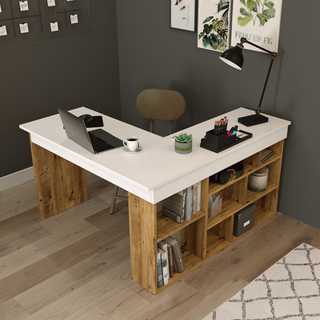 Robin Home Kitaplık Raflı Çalışma Masası Ofis Bilgisayar Masası - 120 x 50 cm - Beyaz Kitaplık Fiyatı