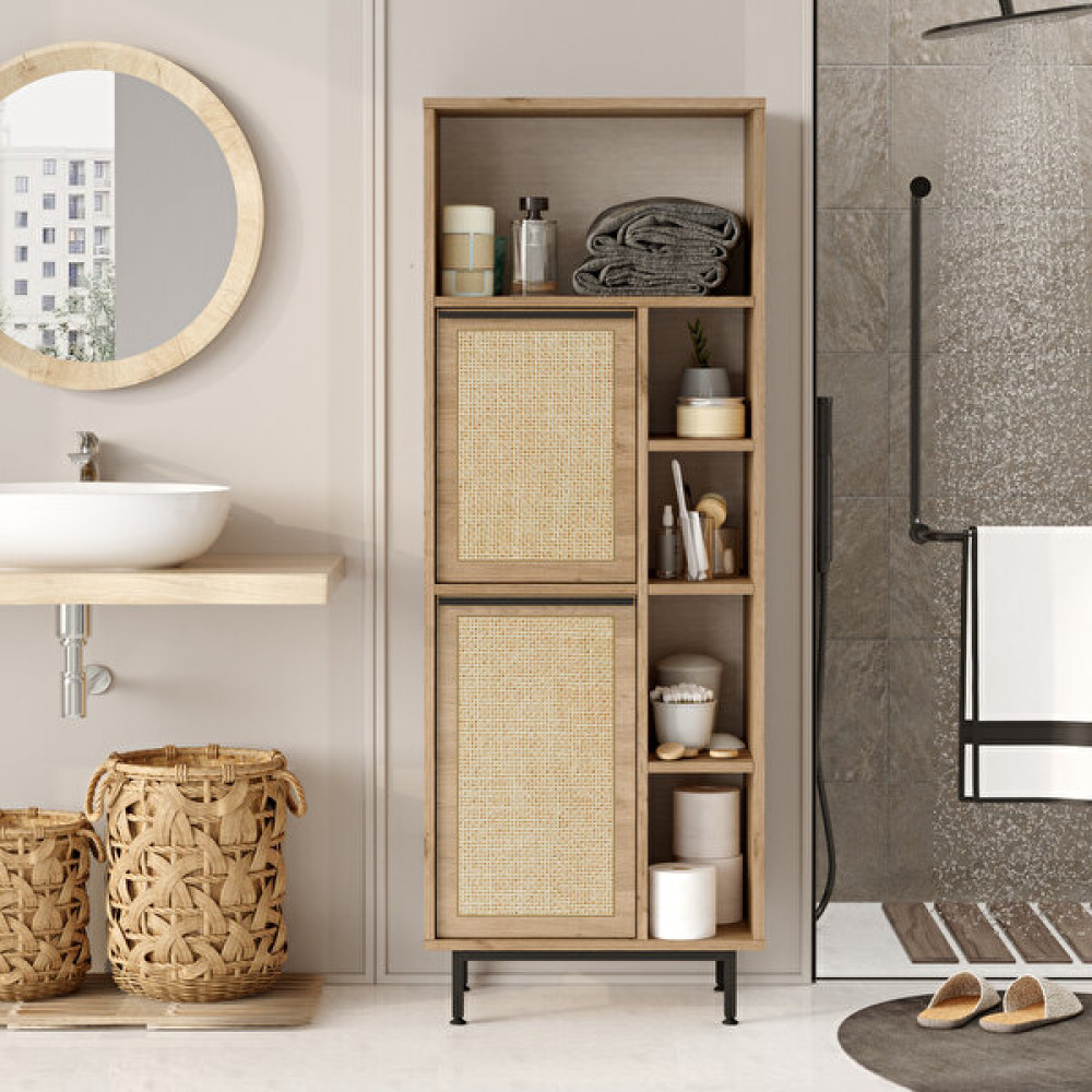Robin Home Lidya Banyo Dolabı Çok Amaçlı Dolap 2 Kapaklı Metal Ayaklı Uv Baskı Sepet-Jüt - Kahverengi Banyo Dolabı / Mobilyası Fiyatı