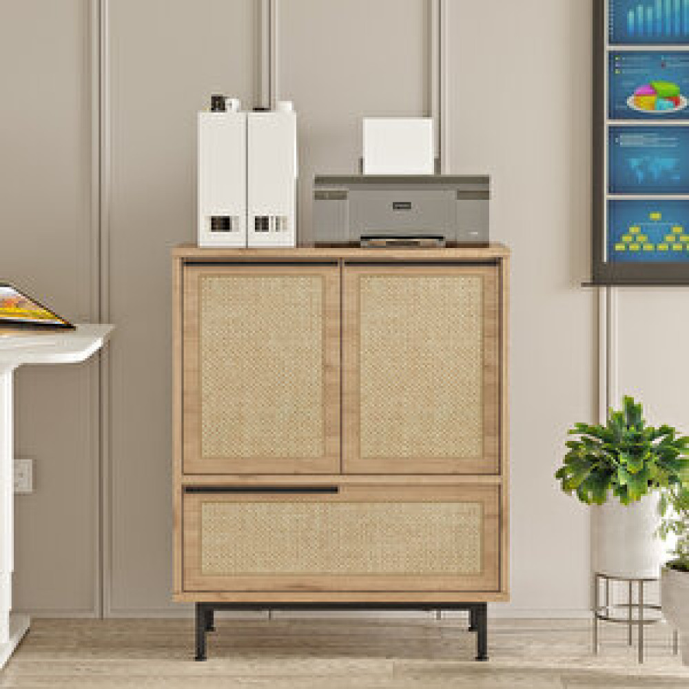 Robin Home Lidya Ofis Dolabı 3 Kapaklı Metal Ayaklı Uv Baskı Sepet-jüt Evrak Dolabı Fiyatı