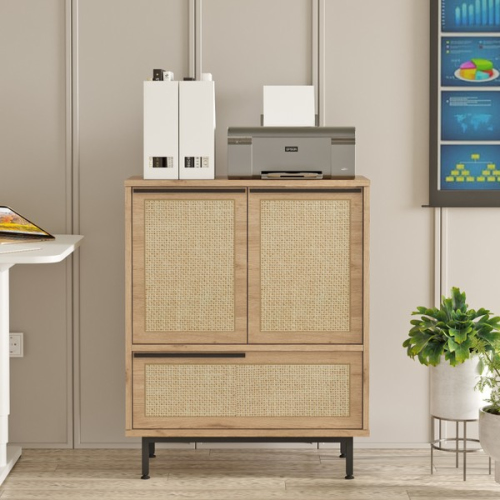 Robin Home Lidya Ofis Dolabı 3 Kapaklı Metal Ayaklı Uv Baskı Sepet-Jüt - Kahverengi Gardrop & Dolap Fiyatı