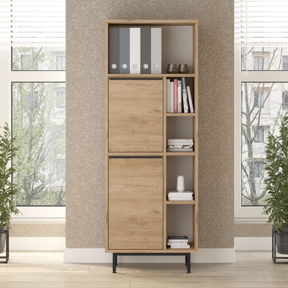 Robin Home Lidya Ofis Klasör Dolabı Kitaplık 2 Kapaklı Metal Ayaklı Sepet - Kahverengi Kitaplık Fiyatı