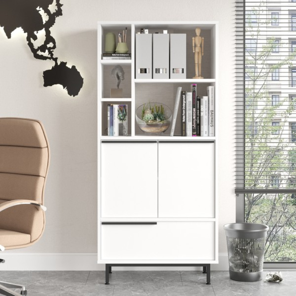 Robin Home Lidya Ofis Klasör Dolabı Kitaplık 3 Kapaklı Metal Ayaklı Beyaz Kitaplık Fiyatı