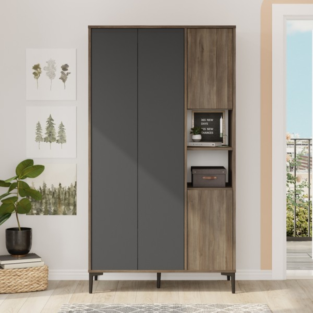 Robin Home Linda Gardırop Elbise Dolabı Geniş 4 Kapaklı Raflı Kahve-Antrasit Ln9-Ca - Kahverengi Gardrop & Dolap Fiyatı
