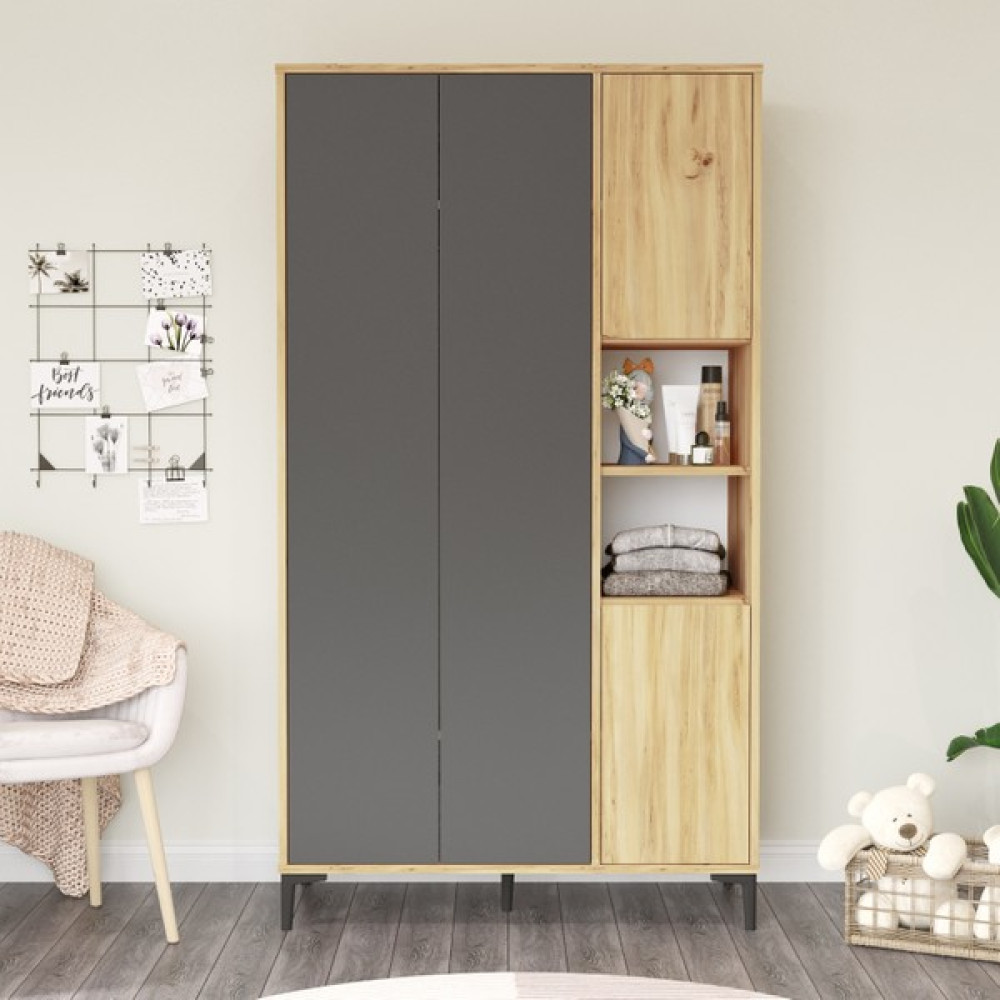 Robin Home Linda Gardırop Elbise Dolabı Geniş 4 Kapaklı Raflı Keçe-Antrasit Ln9-Ka - Kahverengi Gardrop & Dolap Fiyatı